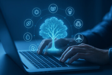 A glowing blue digital tree with eco-friendly icons appears above a laptop, symbolizing innovation, green computing, and sustainable technology.