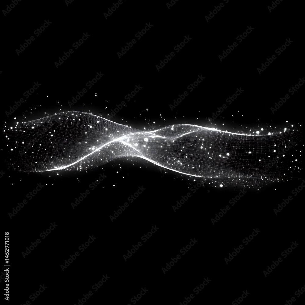 Wall mural a luminous mesh wave with sparkling particles on black background