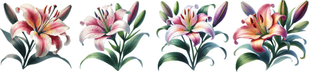 Fototapeta premium Collection of vector watercolor illustrated realistic lilies