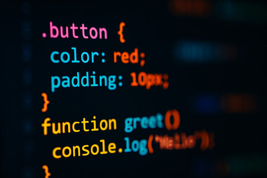 Close-up of colorful CSS and JavaScript code on a dark screen, illustrating modern web development, programming, and front-end design.