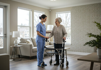 Compassionate caregiver assisting a senior woman with a walker in a bright living room, fostering independence and providing supportive care at home.