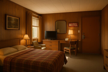 A cozy retro motel room with plaid bedding, wood-paneled walls, and warm ambient lighting, capturing a nostalgic mid-century travel vibe.