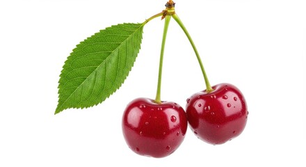 A close up of two ripe cherries with a green leaf attached on a white background in the studio setting