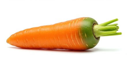 Single orange carrot with green top lying horizontally on a white surface in a studio setting