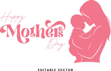 Happy Mother's Day Editable Vector isolated on transparent background. Pink mother and child silhouette png. Customizable motherhood graphic.