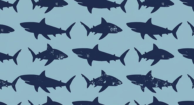 Oceanic Sharks: Indigo & Aqua Seamless Pattern AI Generated