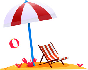 Chair and umbrella with ball, crab on the beach