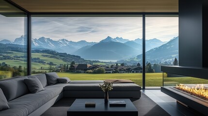 Fototapeta premium Modern living room with stunning mountain view