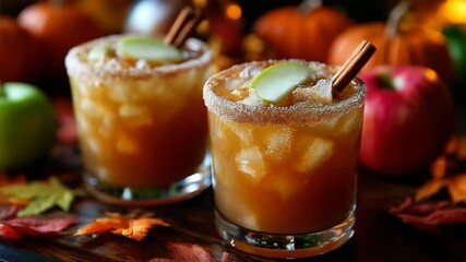 Festive autumn cocktails with apple slices and cinnamon sticks on a dark wooden surface, pumpkins and foliage in the background. - Powered by Adobe