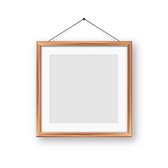 Realistic blank wooden picture frame. Modern poster mockup for artwork, photography, or advertising. Perfect for art galleries, interior decor, and branding. Vector illustration