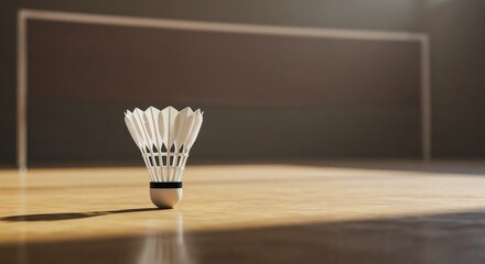 Badminton shuttlecock resting on a court with warm lighting  