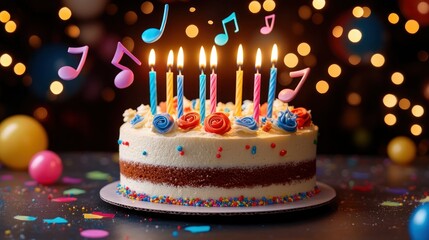 Colorful birthday cake with candles and musical notes.  