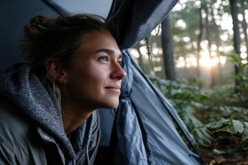 A woman gazes out from her camping tent, warmly illuminated by the soft light of the sunrise, representing hope and new beginnings in a serene forest setting.