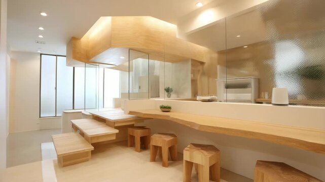Modern bright interior with wood construction, platform steps, counter with stools, and frosted glass partitions in a white space.