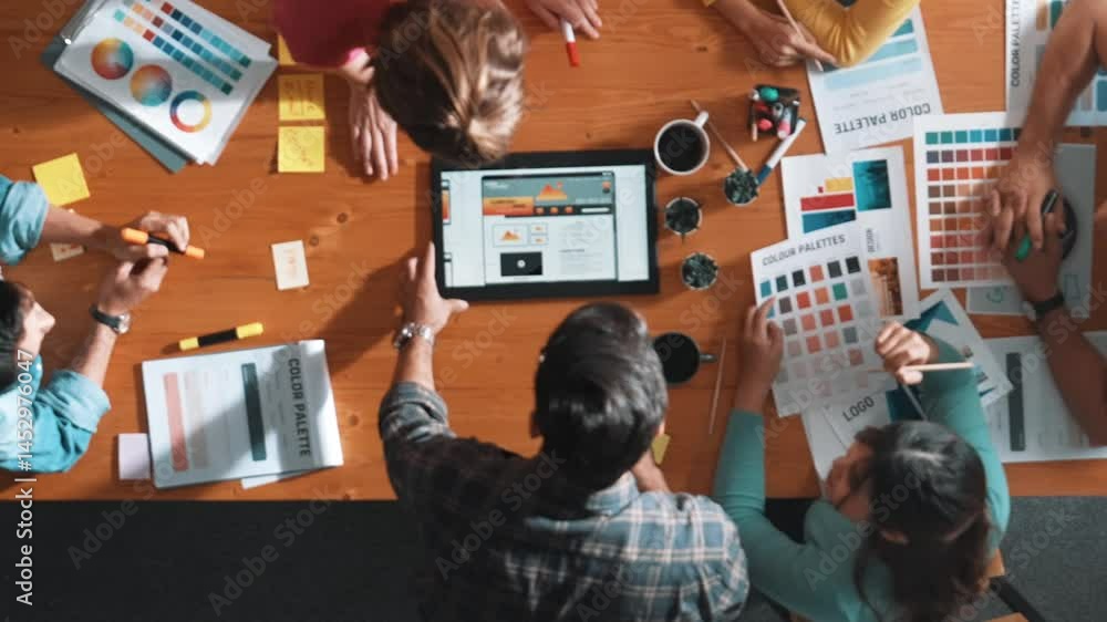 Poster top view of business people working together to design web design. aerial view of designer brainstor