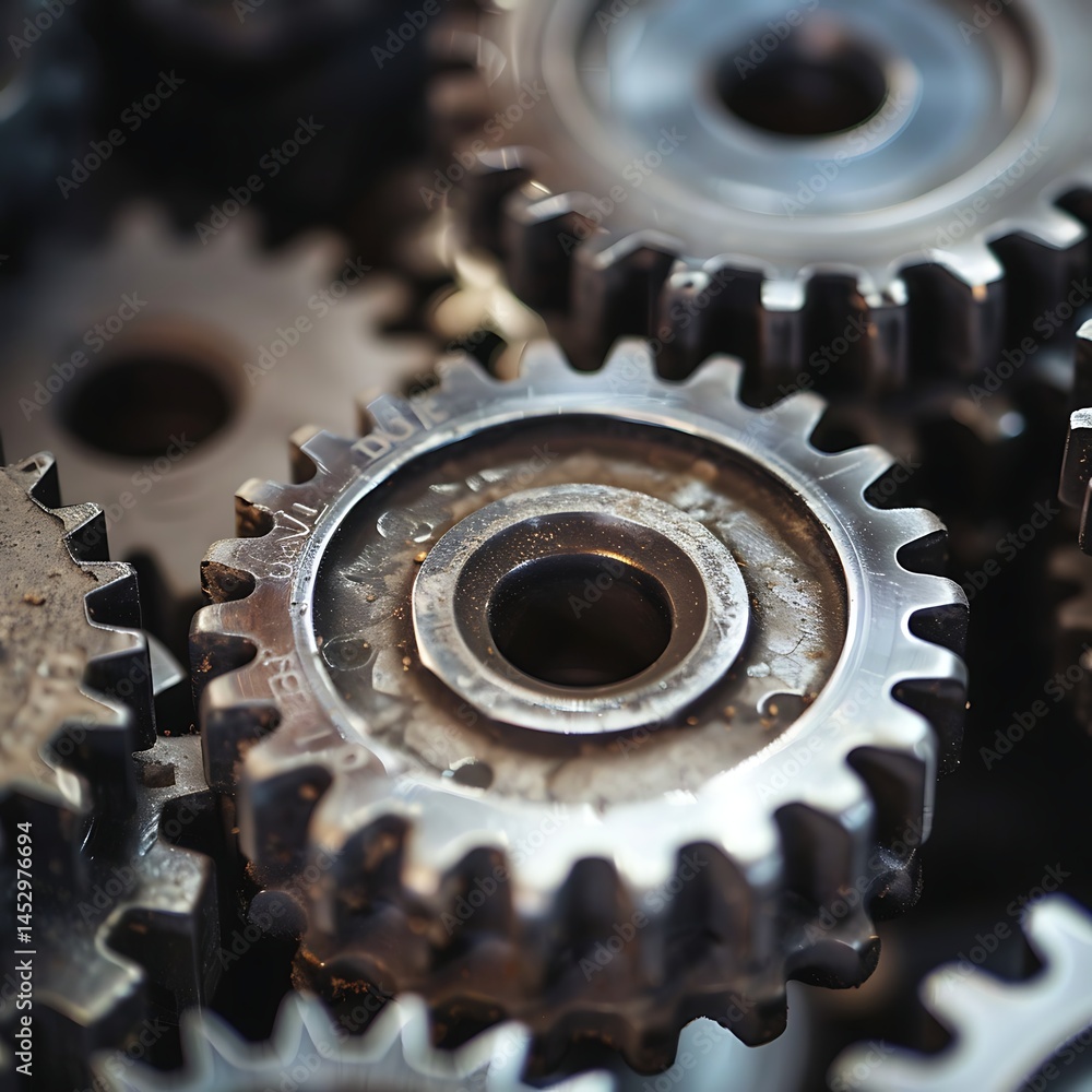 Poster close-up macro shot of interlocking metal gears and cogs. industrial background representing machine
