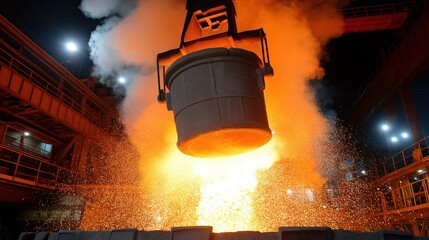 A large metal bucket is being lifted out of a furnace. The bucket is filled with molten metal and is being lifted out of the furnace by a crane. The scene at a metallurgical plant.