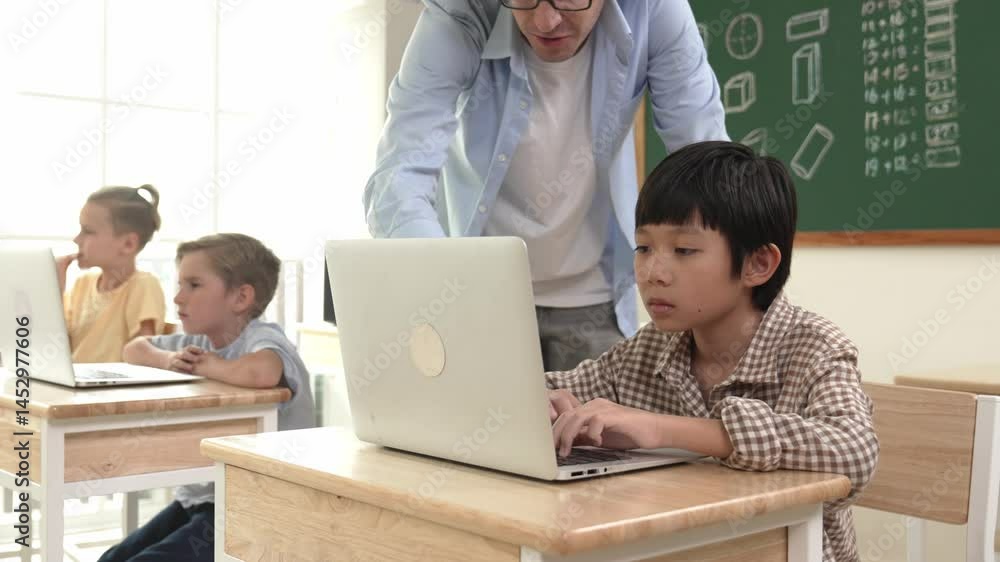 Poster caucasian teacher helping asian student coding engineering prompt while diverse student using softwa