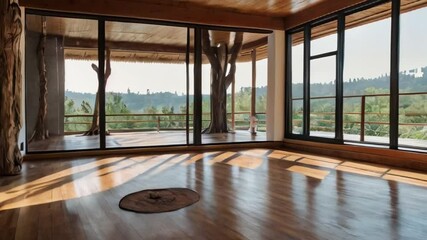 Yoga room with panoramic windows. Empty room with window. Sun rays illuminate an empty room with wooden floor and large windows overlooking