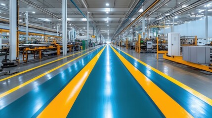 Fototapeta premium Modern factory interior showcasing production line with vibrant floor markings and machinery
