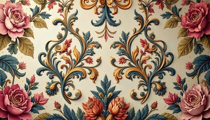 Intricate floral damask textile, faded elegance, design, wallpaper