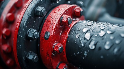 Closeup of red and black industrial pipe with water droplets nut wet bolt damp dark metal screw plant
