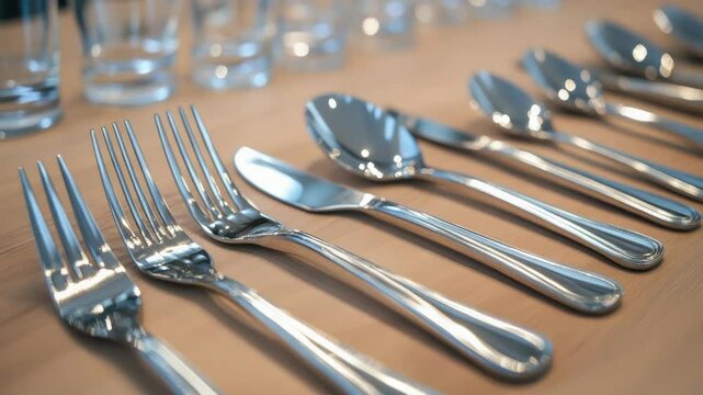 A wooden table set with various types of silverware on top, ideal for use in restaurant or hospitality industry