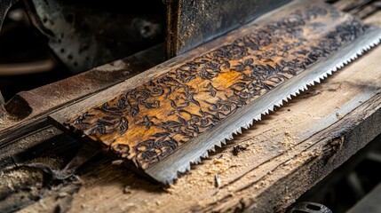 Closeup of ornate etched saw blade