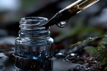 The image captures the delicate beauty of a water droplet poised at the edge of a glass container, conveying a sense of calm and connection with nature's essence and purity.