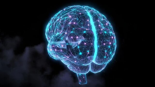 Glowing 3D wireframe brain, pulsing with neural signals in dark space, representing artificial intelligence and neural networks