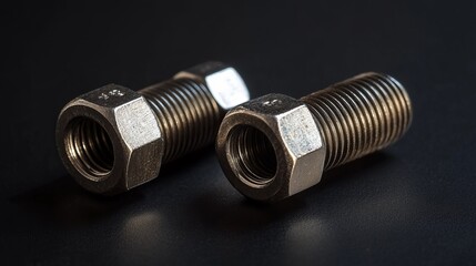 Closeup view of two metallic threaded industrial nuts and bolts dark grey macro steel screw tools