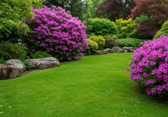 Obraz premium Lush garden with purple rhododendrons