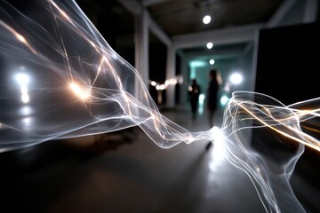 This captivating photo features swirling light trails in a dimly lit space, evoking a sense of movement and energy, and inviting the viewer to explore this abstract world.