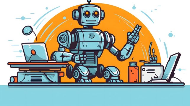 Motivational poster with robot character showcasing hard work and dedication in a professional setting