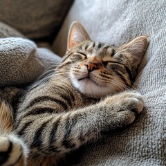 Sleepy tabby cat resting comfortably