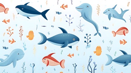 Underwater sea animals illustration on blue background with whale motifs for designs
