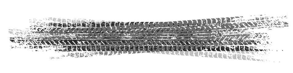 Obraz premium Grunge tire tracks with mud splatters, dirty wheel braking marks. Truck, car, or motorcycle tread pattern silhouettes. Perfect for off-road, motorsport, and racing designs. Vector illustration