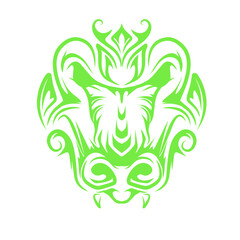 Stylized green tribal creature illustration against a stark black backdrop