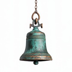 Fototapeta premium Antique verdigris bell hanging from a chain isolated on white background