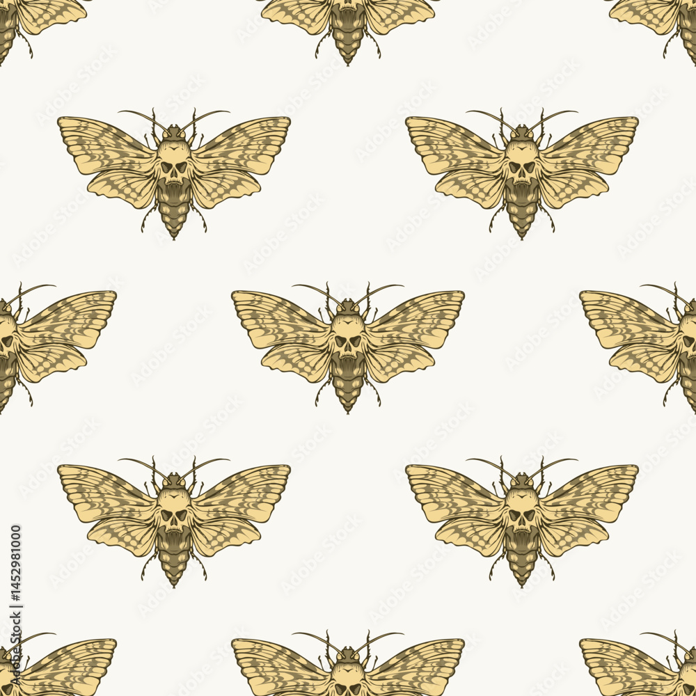Poster vector seamless pattern with butterfly in the form of a dead head on a green background. suitable fo