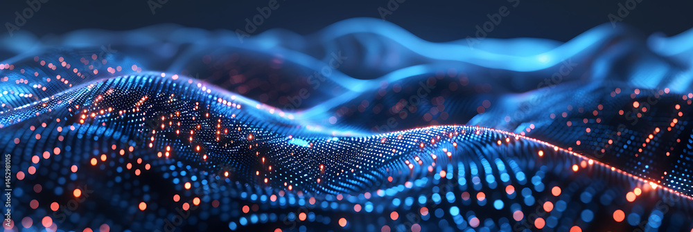 Poster abstract futuristic background showing a digital landscape of flowing blue particle waves dotted wit