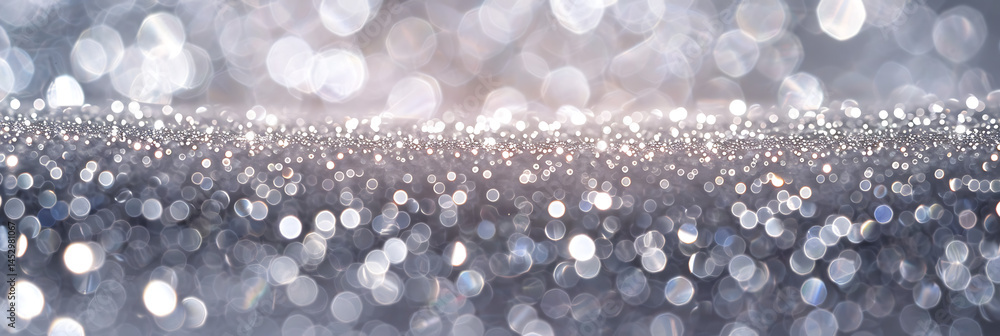 Poster panoramic abstract background featuring a dense field of sparkling silver glitter with shallow depth