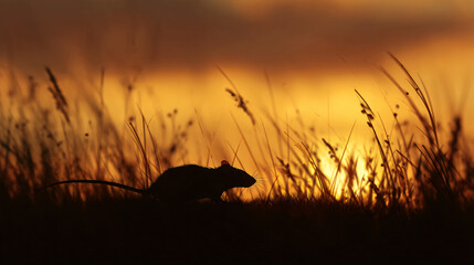 A mouse scurries across a field of magniloquent grass under the golden hues of a sunset sky