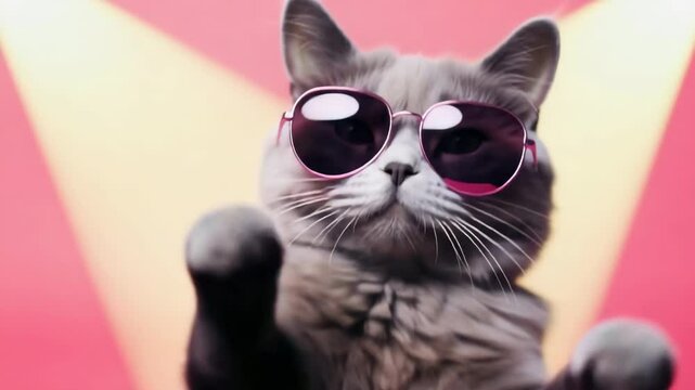 Portrait of a gray fluffy cat in sunglasses dancing on a pink background.