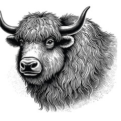 Vintage Engraving of a Yak with Horns and Thick Fur, drawn in an engraved, woodcut style with fine details sketch engraving vector illustration. Scratch board imitation. Black and white image. 