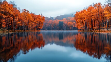 Obraz premium Serene lake reflecting brilliant autumn colors high resolution picture