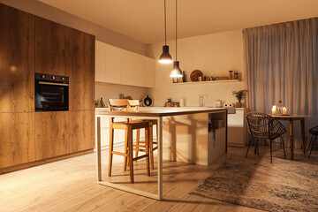Interior of modern kitchen with tables, counters and glowing lamps in evening