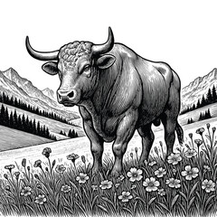 Hand-Drawn Bull Grazing in Mountainous Landscape with Flowers, drawn in an engraved, woodcut style with fine details sketch engraving vector illustration. Scratch board imitation. Black and white 