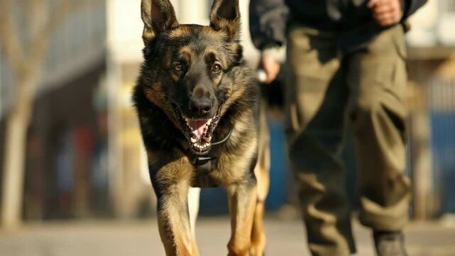 Police service dog runs down street after being commanded to attack. A dog handler trains a german shepherd dog to catch criminals.