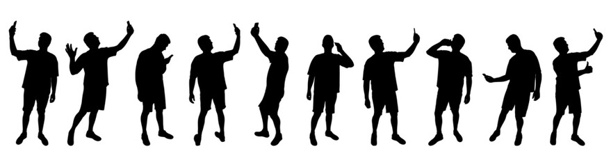 Set of silhouettes. Man with phone. Person taking selfie with smartphone and talking by mobile. Vector illustration.
